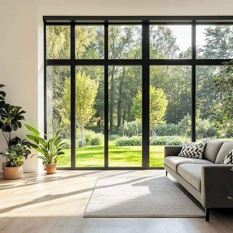 Alt: Panorāmas logi viesistabā — lielu logu apkope un regulēšana Rīgā